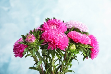 Photo of Beautiful aster flower bouquet on color background