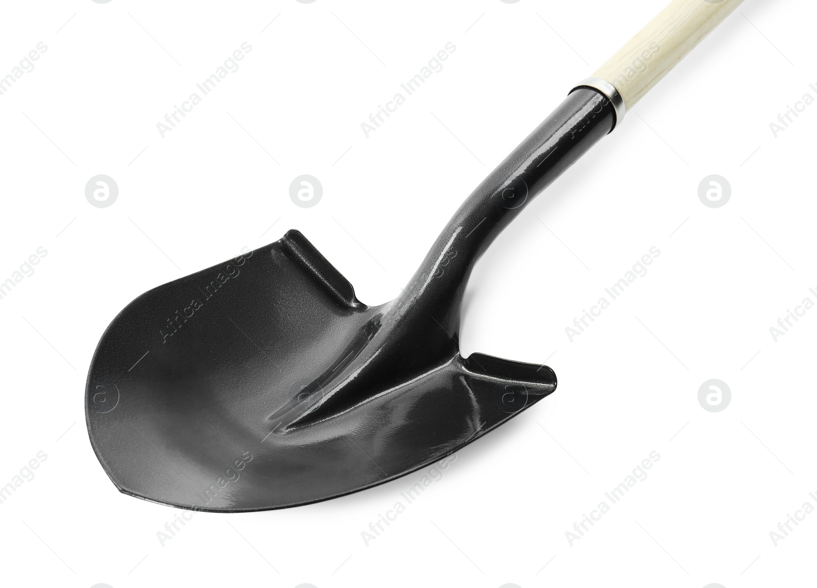 One new shovel with wooden handle isolated on white. Gardening tool Photo of One new shovel with wooden handle isolated on white. Gardening tool
