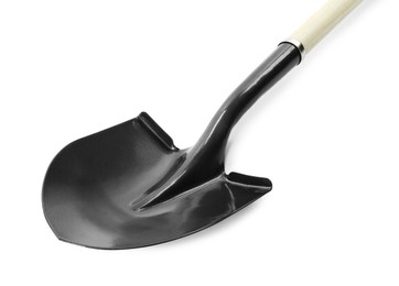 Photo of One new shovel with wooden handle isolated on white. Gardening tool