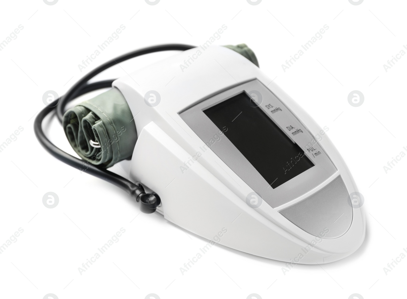 Photo of Modern digital sphygmomanometer for measuring blood pressure and checking pulse on white background