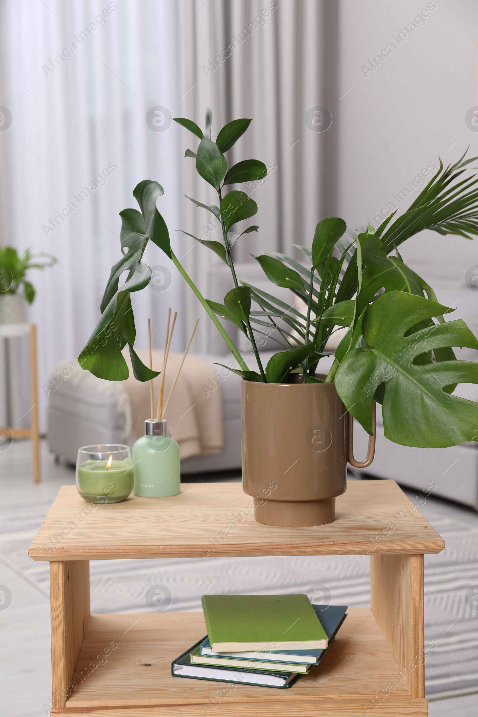 Photo of Ceramic vase with tropical leaves on wooden table in living room