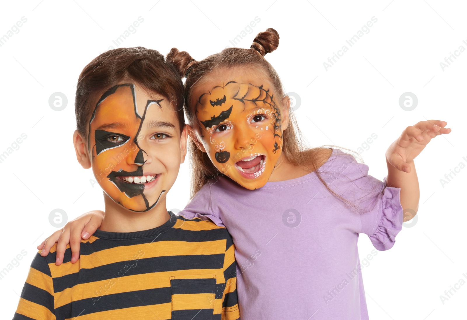 Photo of Cute little children with face painting on white background