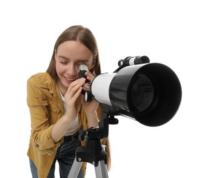 Young astronomer looking at stars through telescope on white background