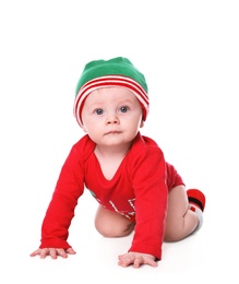 Photo of Cute little baby in Santa's elf clothes on white background. Christmas suit