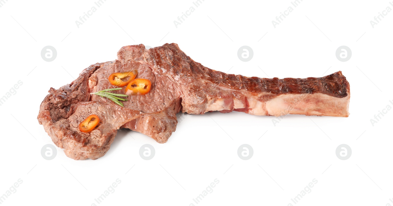 Photo of Delicious fried beef meat with chili pepper isolated on white