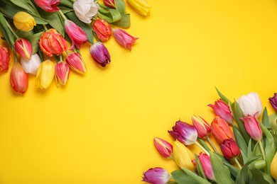 Photo of Beautiful colorful tulip flowers on yellow background, flat lay. Space for text