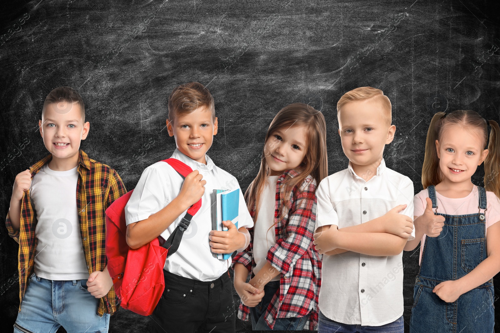 Image of Group of cute school children and chalkboard on background