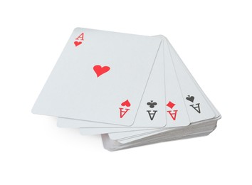Photo of Four aces playing cards isolated on white. Poker game