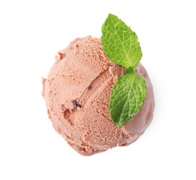 Photo of Scoop of tasty chocolate ice cream and mint isolated on white
