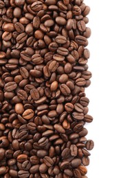 Photo of Many roasted coffee beans isolated on white , top view