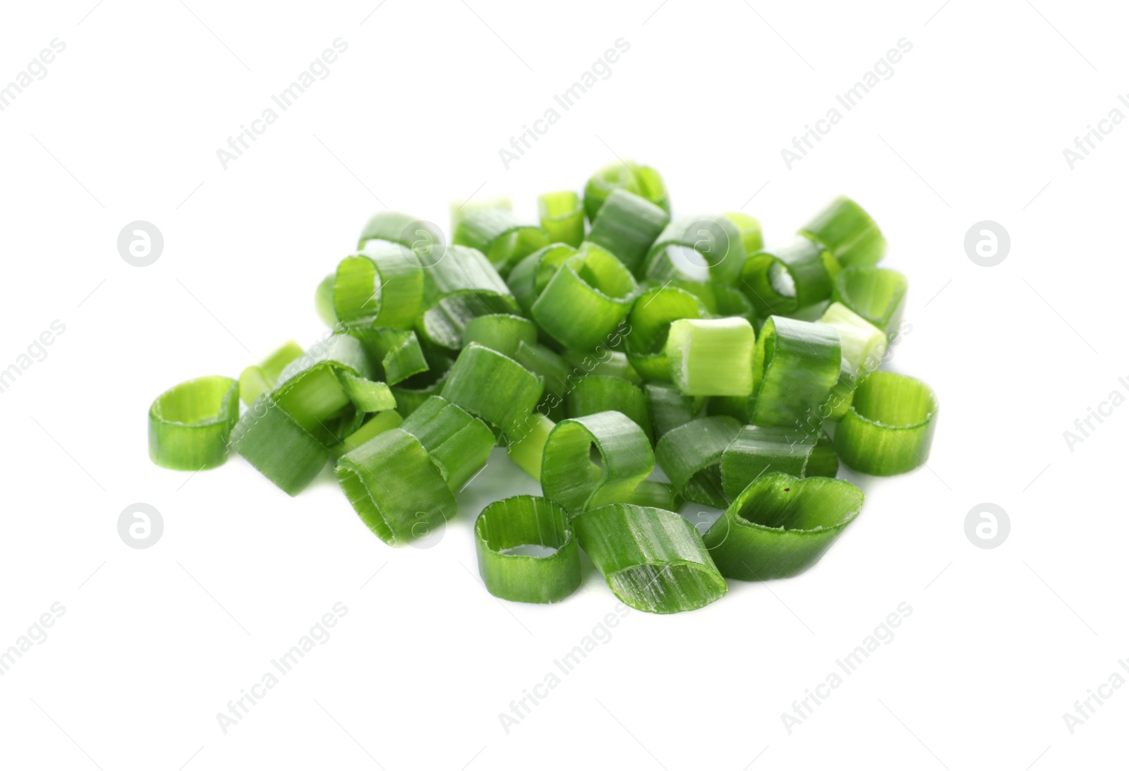 Photo of Cut fresh green onion on white background