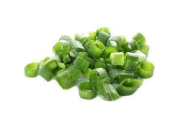 Photo of Cut fresh green onion on white background