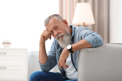 Portrait of handsome mature man sitting on sofa in room