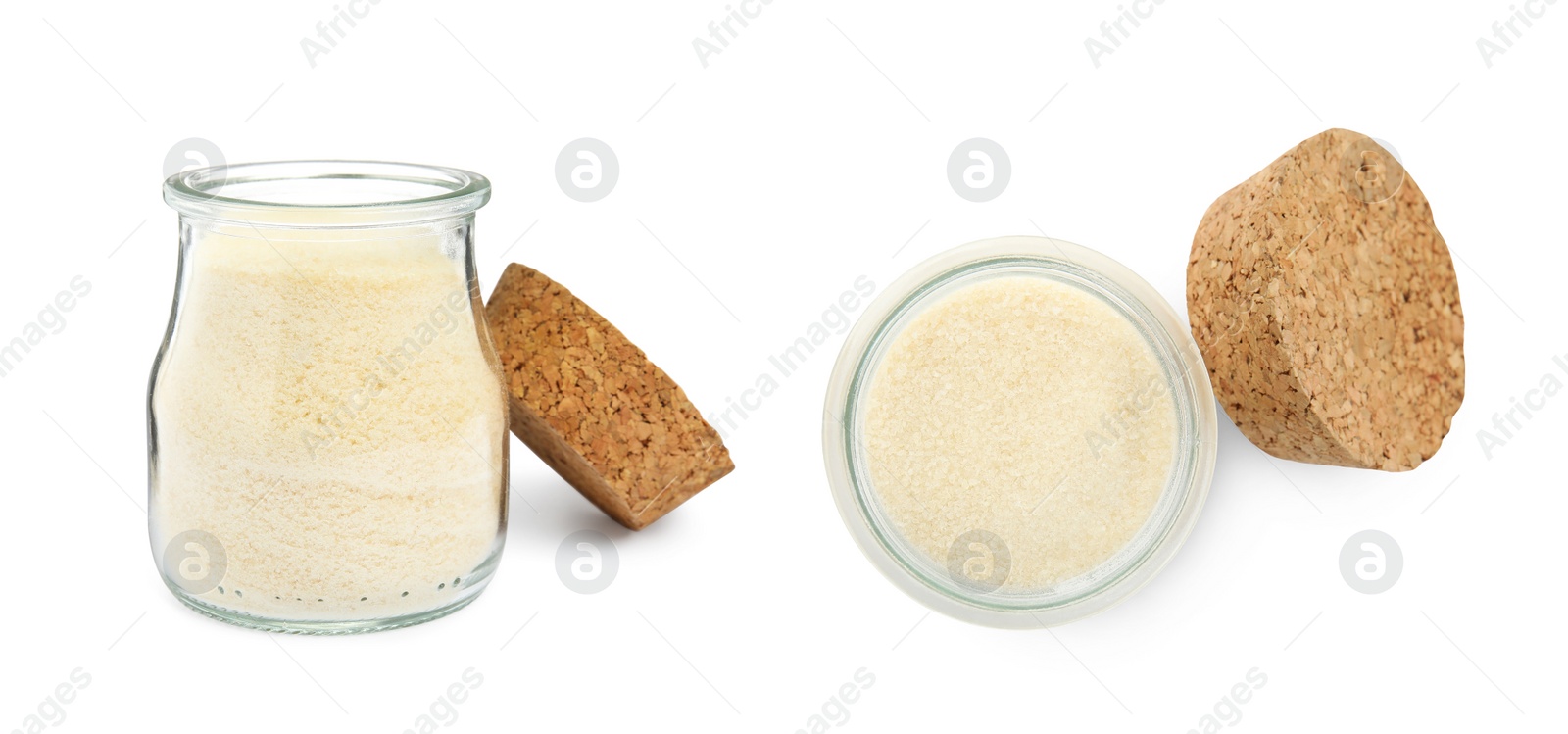 Image of Gelatin powder in glass jars on white background, collage. Banner design 
