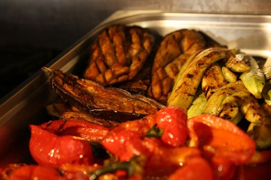 Pile of delicious grilled vegetables, closeup view