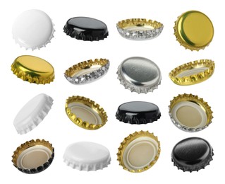 Image of Different beer bottle caps isolated on white, set