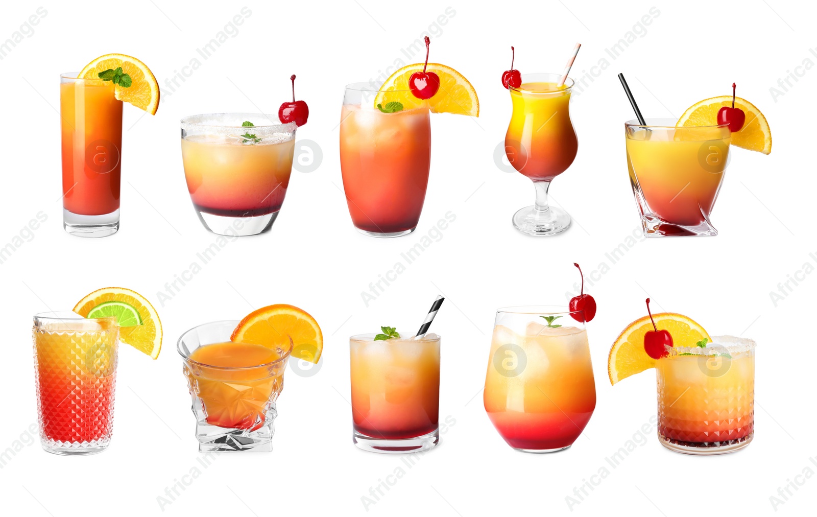 Image of Set of Tequila Sunrise cocktails on white background