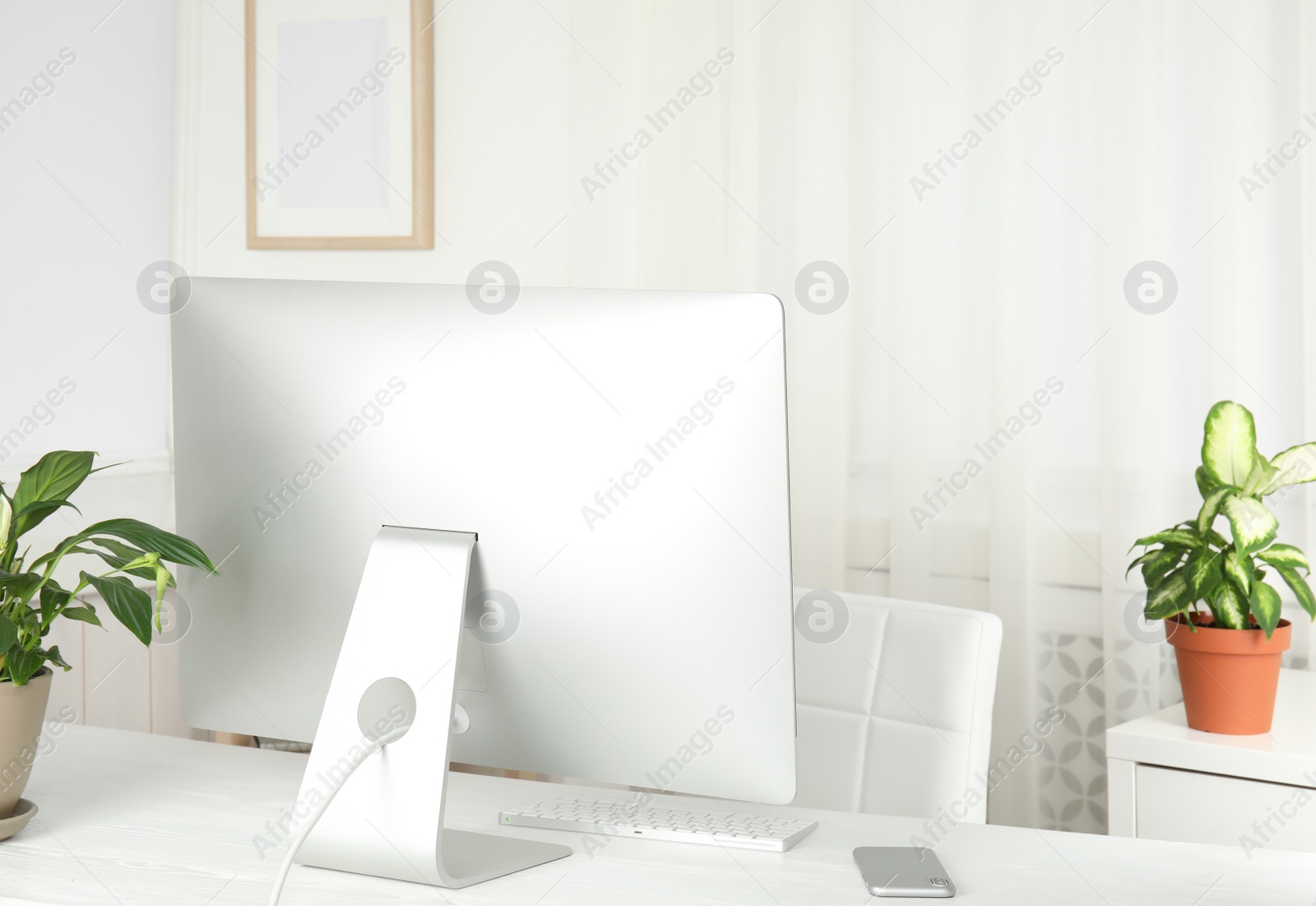 Photo of Office interior with houseplants and computer monitor on table