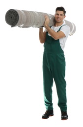 Photo of Male worker with rolled carpet on white background