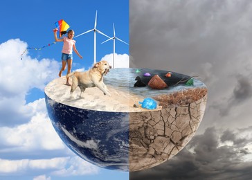 Image of Environmental pollution. Collage divided into clean and contaminated Earth against sky. Halved globe showing wind turbines, happy girl and dog running on sandy beach on one side and cracked soil with dirty sea on the other