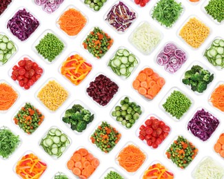 Image of Many containers with different fresh vegetables on white background, top view. Collage