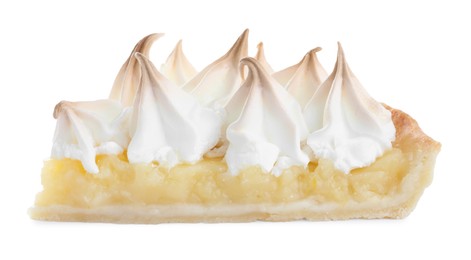 Photo of Piece of delicious lemon meringue pie isolated on white