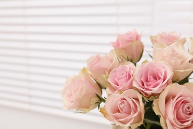 Photo of Beautiful bouquet of rose flowers indoors, space for text. Happy birthday