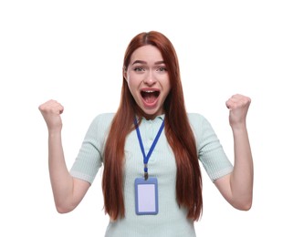 Emotional woman with vip pass badge on white background