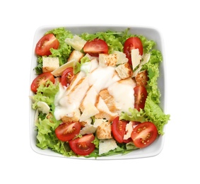 Delicious fresh Caesar salad on white background, top view