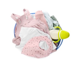 Laundry basket with baby clothes and bottle isolated on white, top view