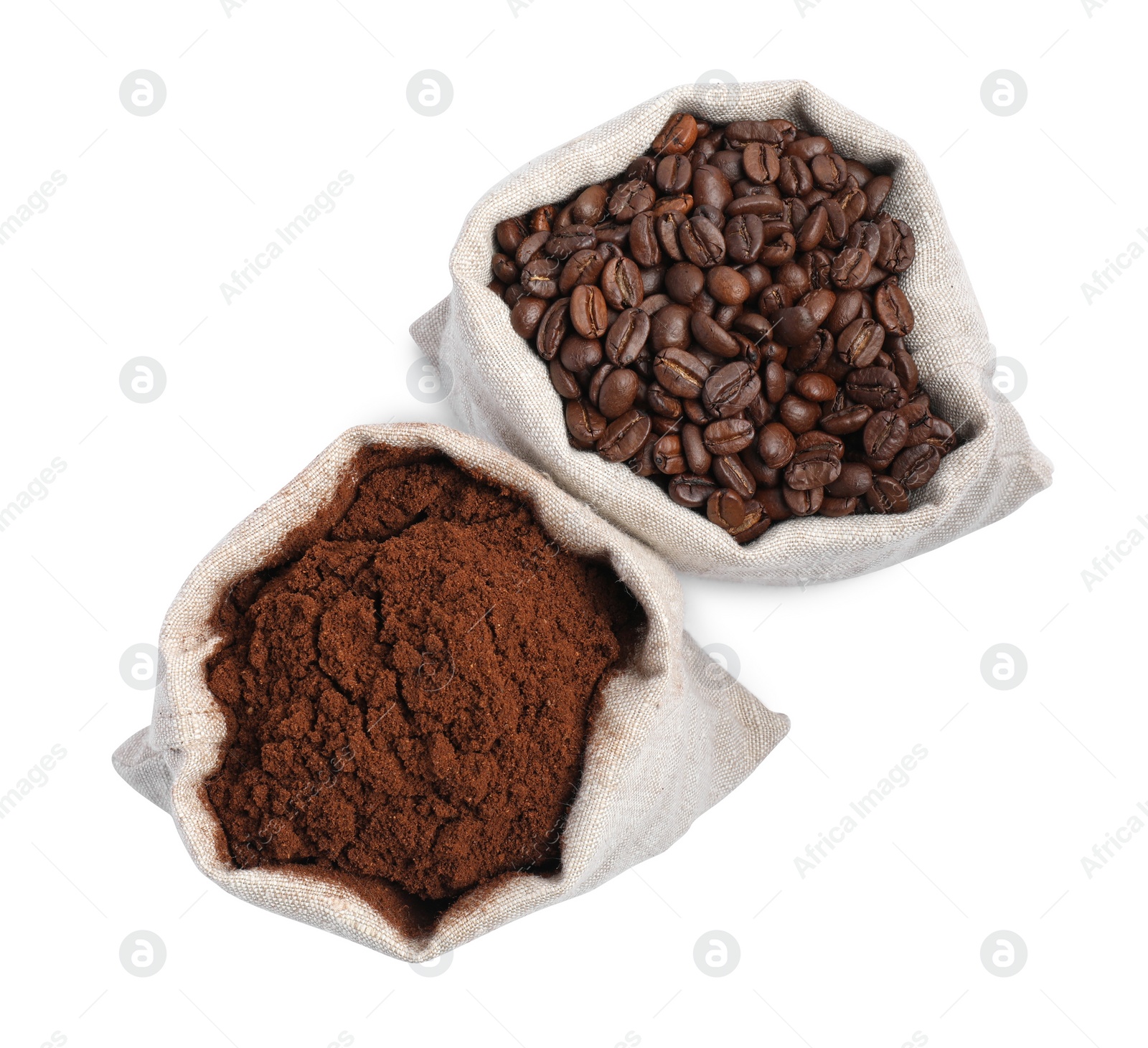 Photo of Bags with different types of coffee on white background, top view