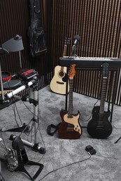 Photo of Musical instruments at recording studio. Band practice
