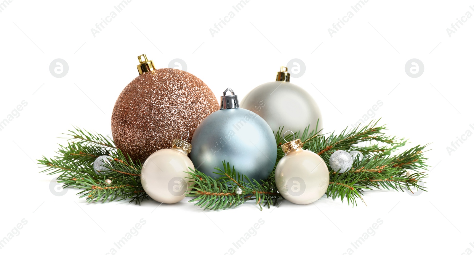 Photo of Christmas tree branches and festive decoration on white background