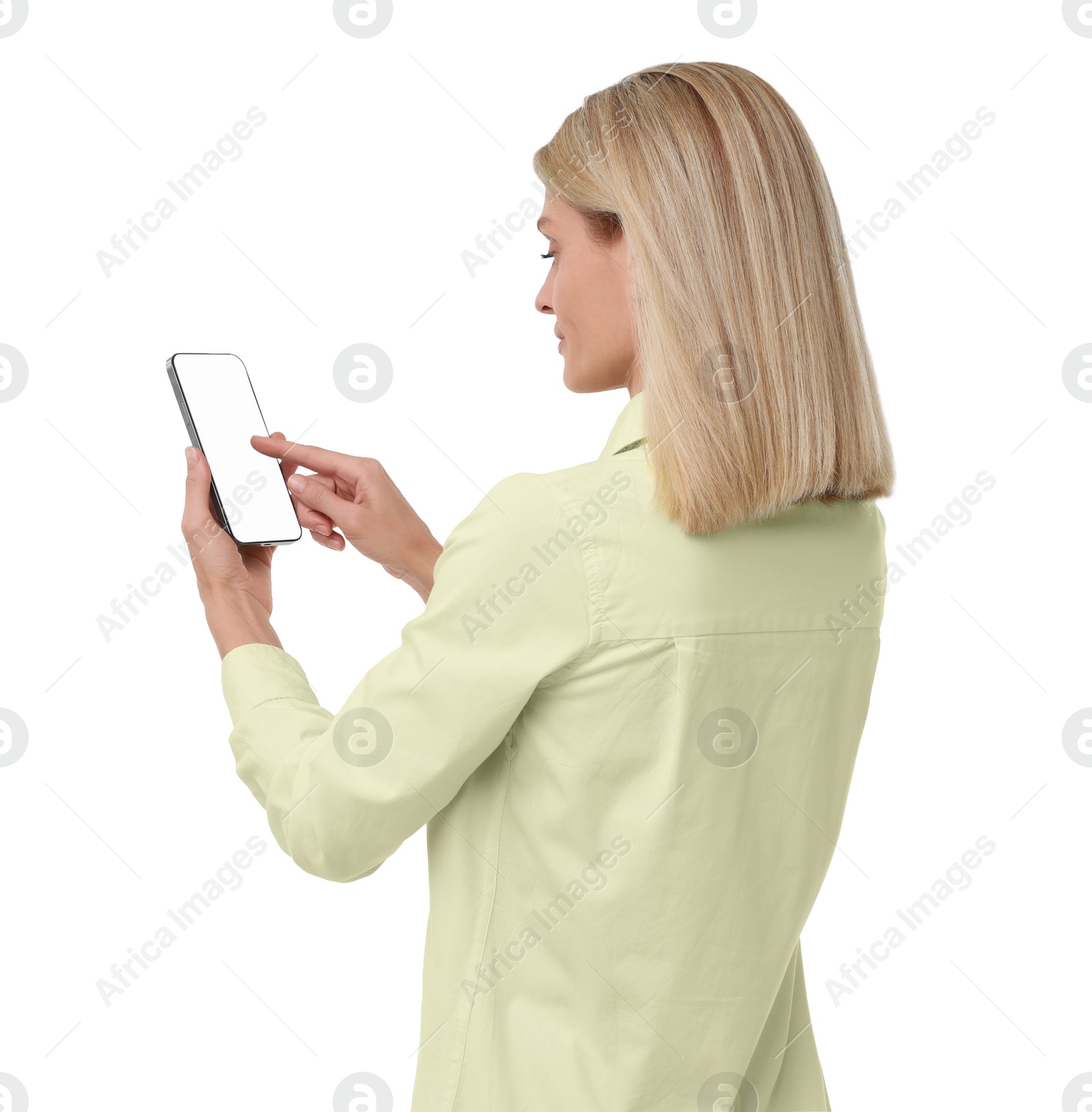 Photo of Woman using smartphone with blank screen on white background