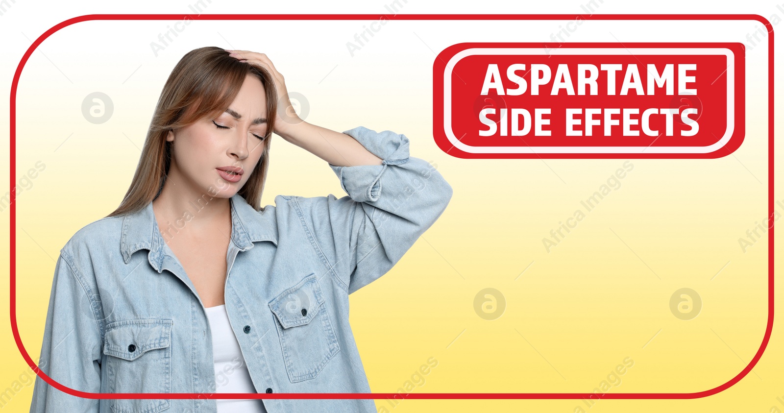 Image of Aspartame hazard. Woman suffering from side effects of this artificial sweetener on color background. Banner design