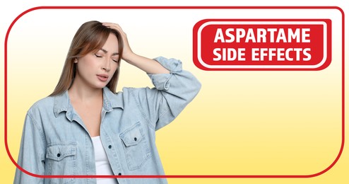 Image of Aspartame hazard. Woman suffering from side effects of this artificial sweetener on color background. Banner design