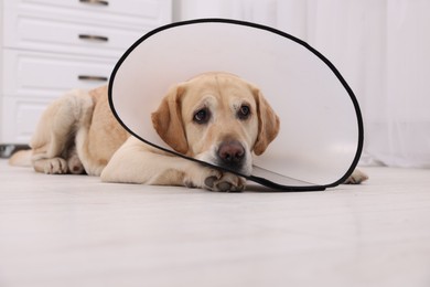 Photo of Sad Labrador Retriever with protective cone collar lying on floor in room