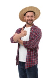 Photo of Happy farmer showing thumb up on white background. Harvesting season
