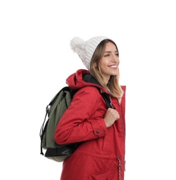 Happy woman with backpack on white background. Winter travel