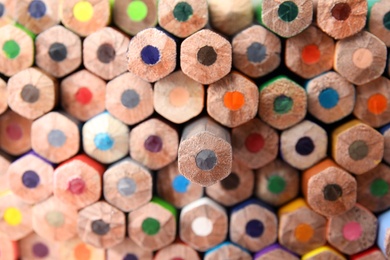 Photo of Different color pencils as background, top view