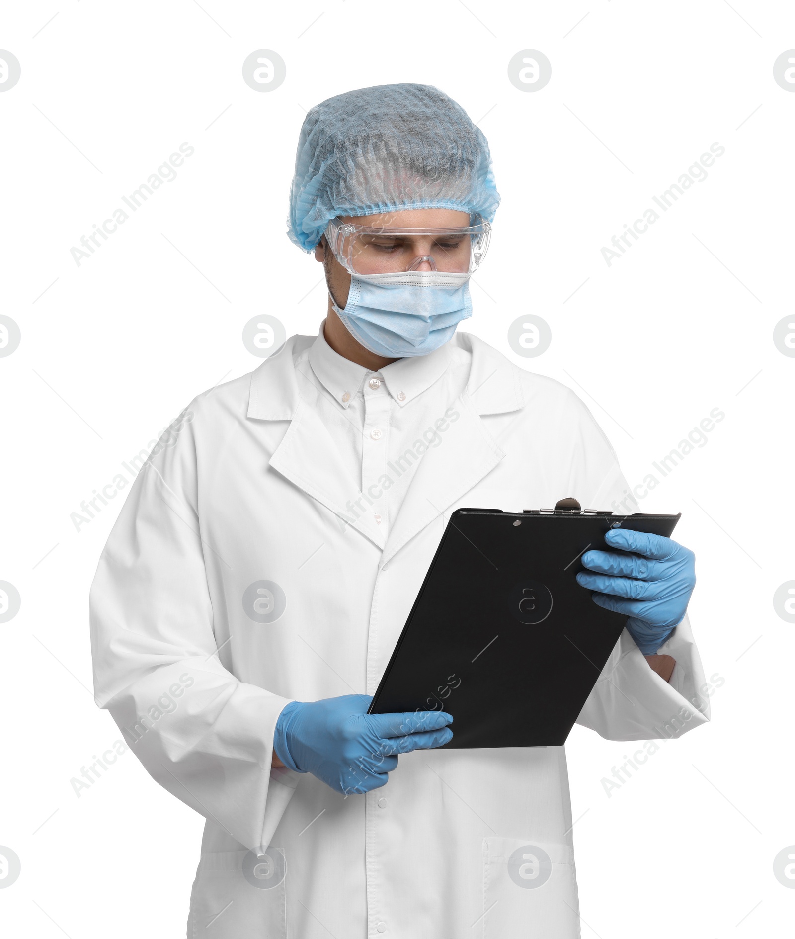 Photo of Quality control. Food inspector with clipboard on white background