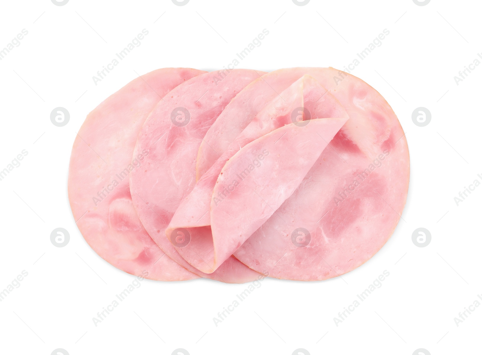 Photo of Slices of tasty ham isolated on white, top view