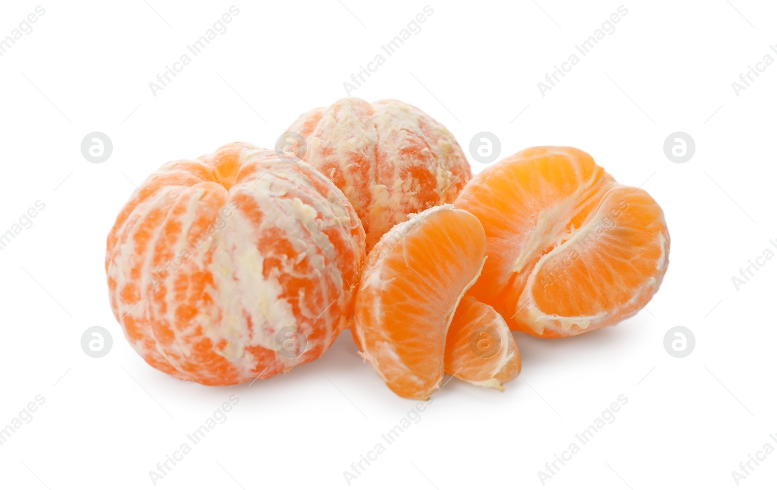 Photo of Peeled fresh tangerines on white background. Citrus fruit