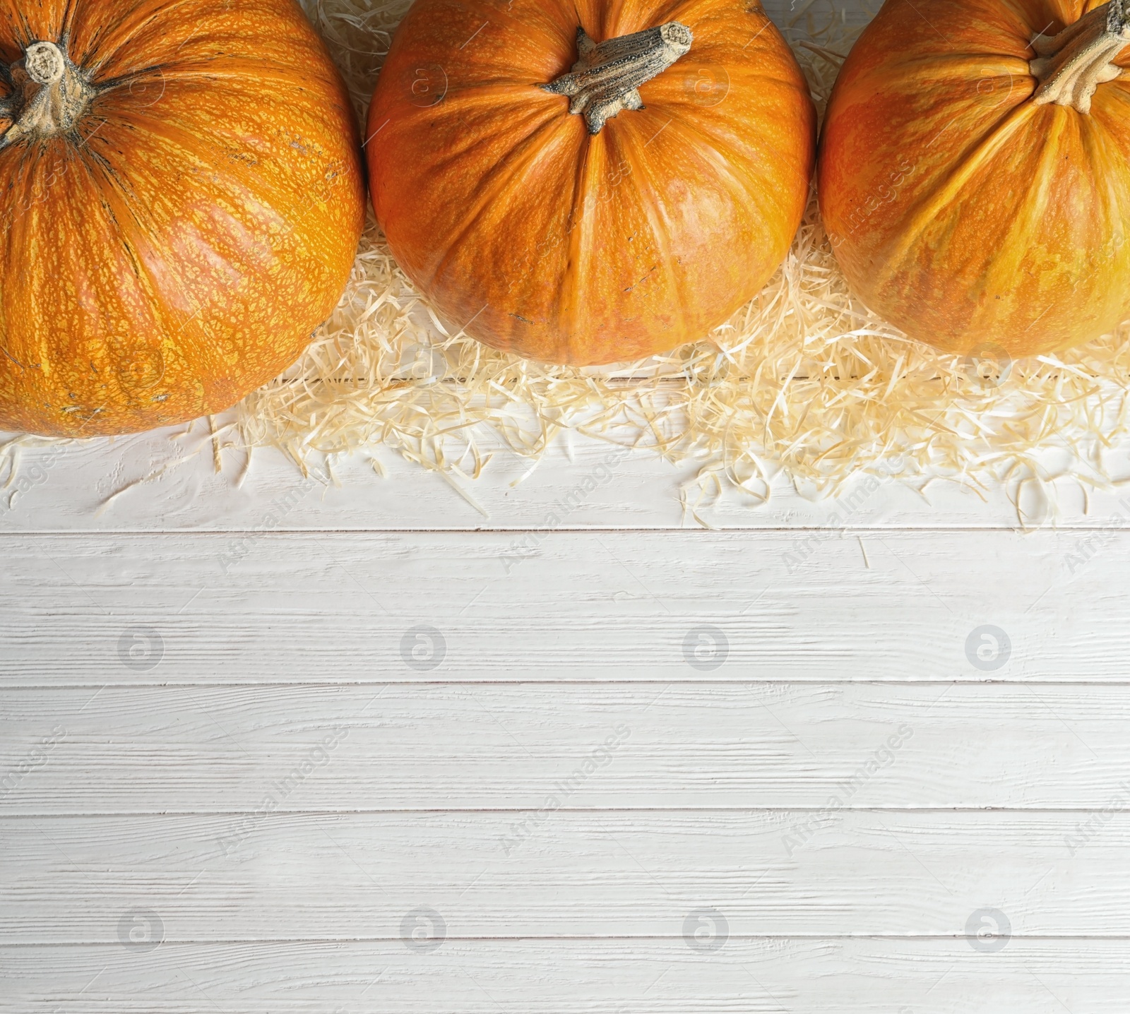 Photo of Orange pumpkins on wooden background, flat lay composition with space for text. Autumn holidays