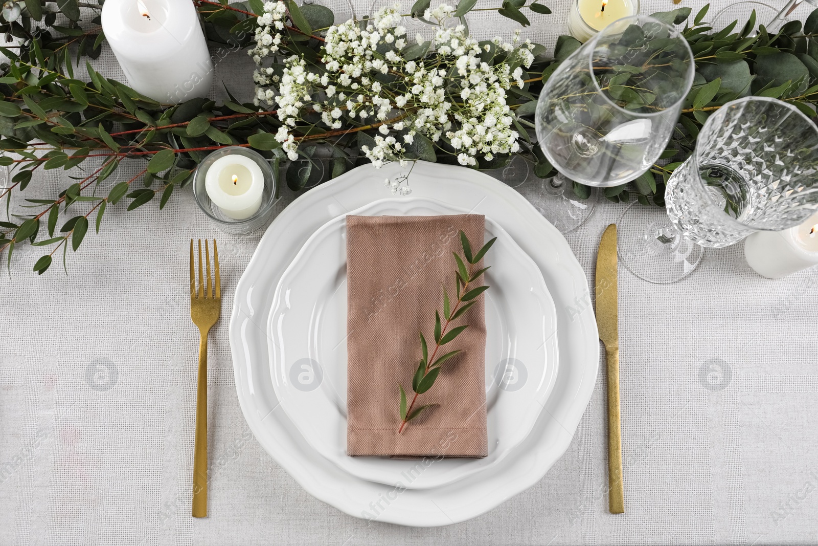 Photo of Stylish elegant table setting for festive dinner, flat lay