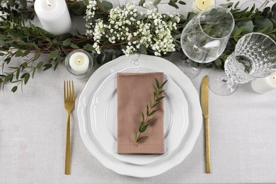 Stylish elegant table setting for festive dinner, flat lay