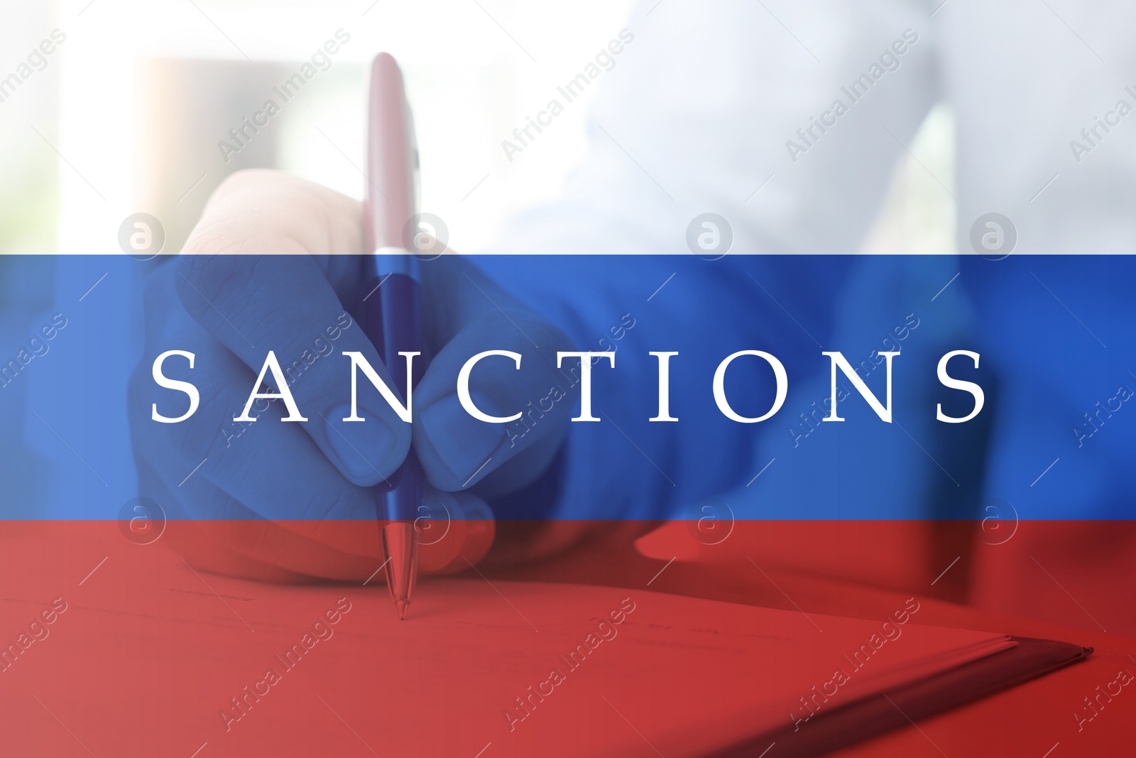 Image of Double exposure of Russian flag and man with pen, closeup. Concept of sanctions against Russia