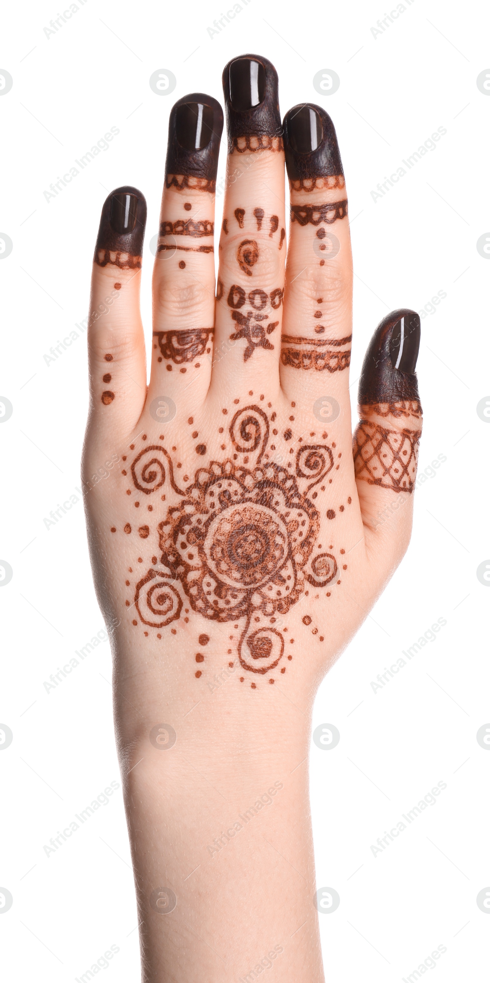 Photo of Woman with henna tattoo on hand against white background, closeup. Traditional mehndi ornament