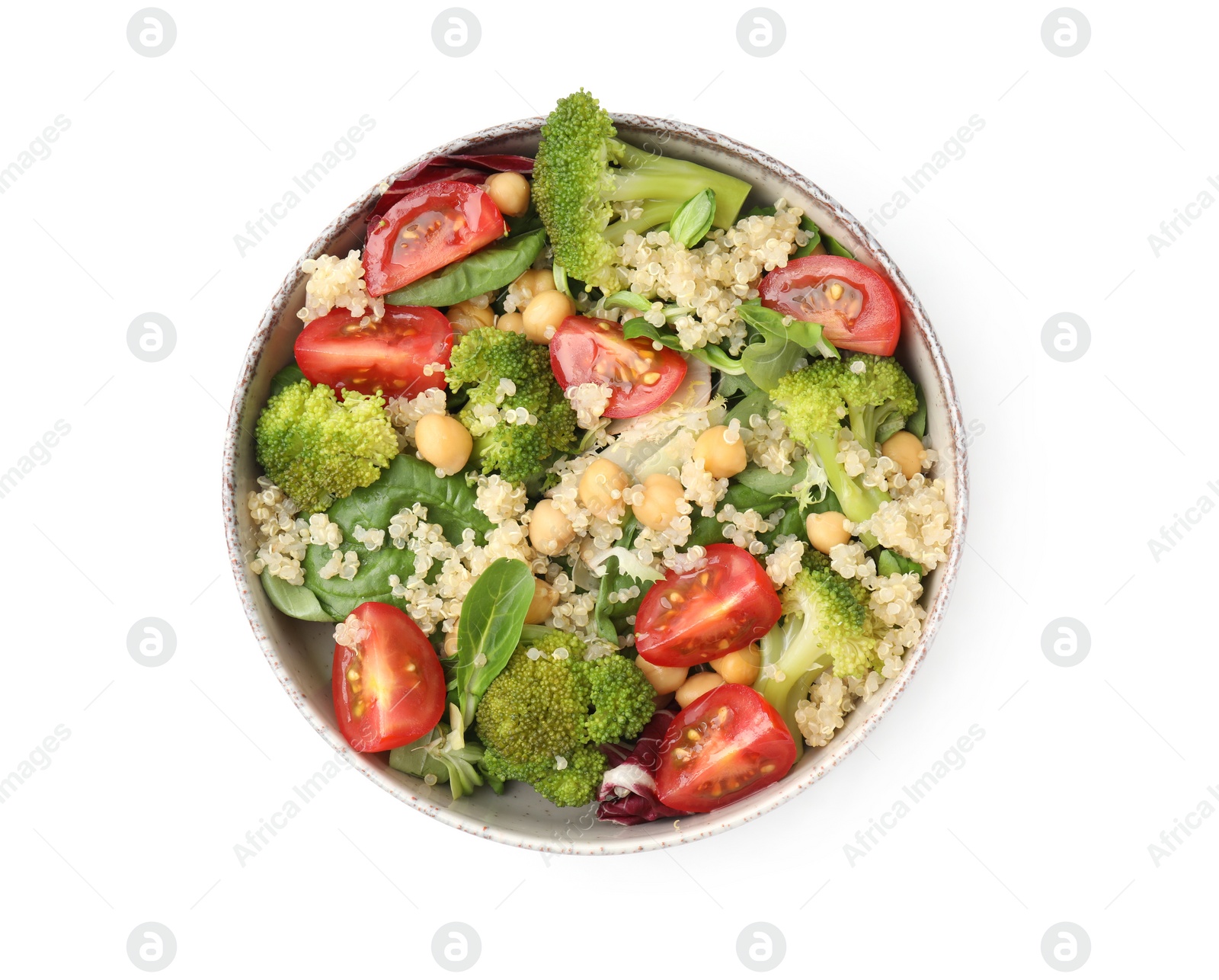 Photo of Healthy meal. Tasty salad with quinoa, chickpeas and vegetables isolated on white, top view