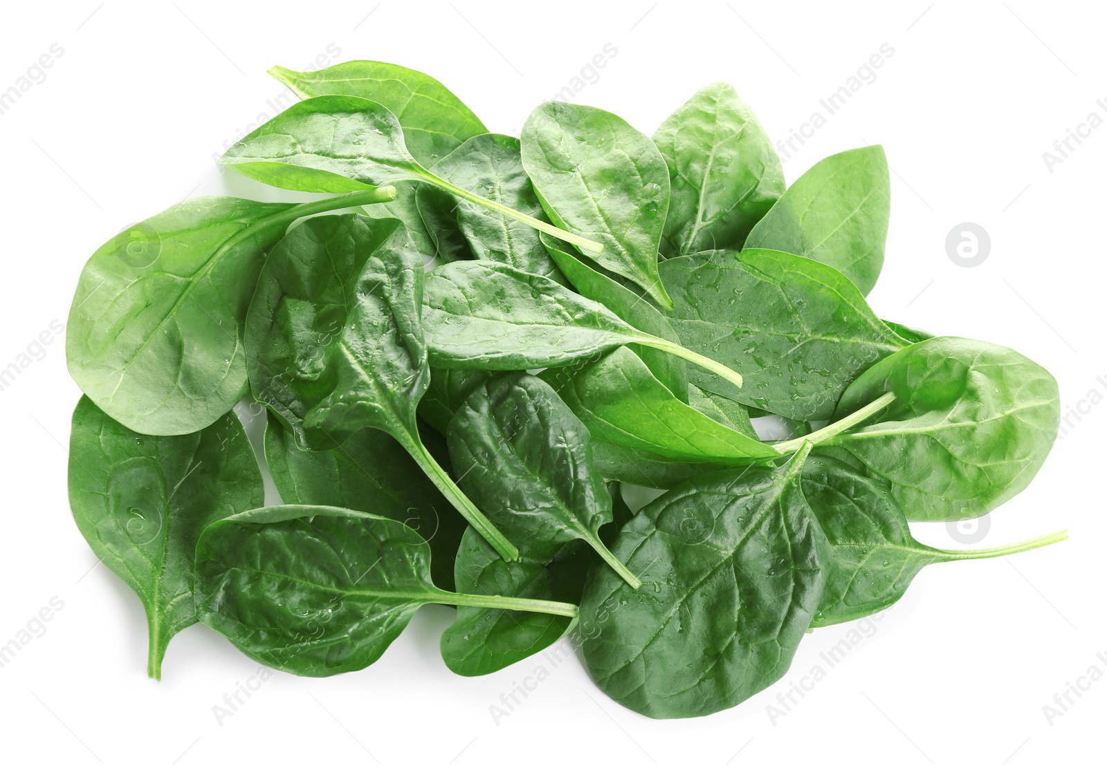 Photo of Heap of fresh green healthy baby spinach leaves isolated on white, top view